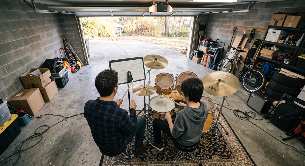 A drum lesson at home, instructor and student at the kit together