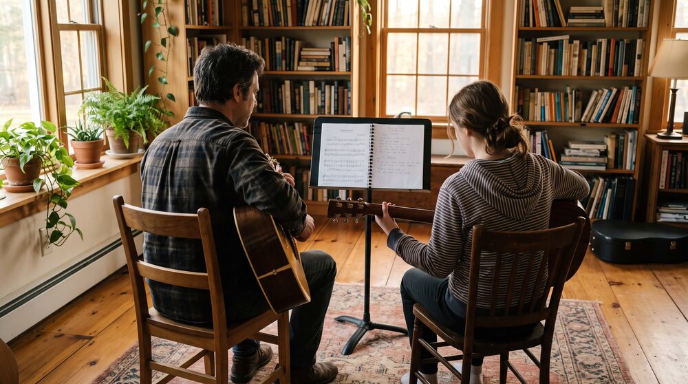 A guitar lesson at home, instructor and student playing together