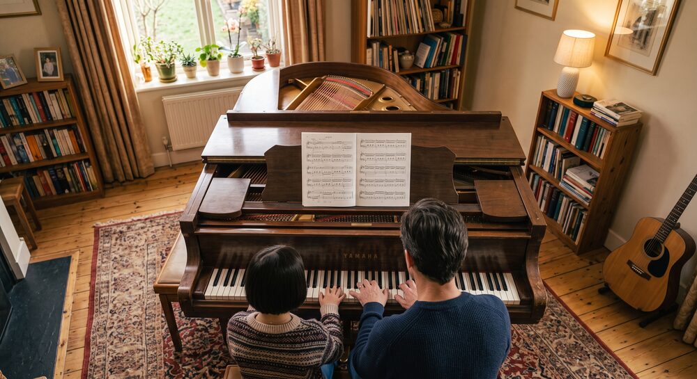 A piano lesson at home, instructor and student at the keyboard together